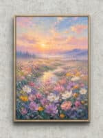 淡いピンクのコスモス花畑と夕空、川筋と山並みを描いた風景フラワーアートパネル フレーム設置イメージ