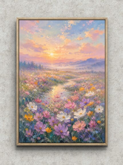 淡いピンクのコスモス花畑と夕空、川筋と山並みを描いた風景フラワーアートパネル フレーム設置イメージ