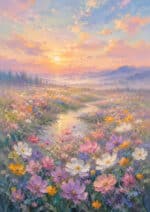 淡いピンクのコスモス花畑と夕空、川筋と山並みを描いた風景フラワーアートパネル