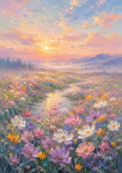 淡いピンクのコスモス花畑と夕空、川筋と山並みを描いた風景フラワーアートパネル