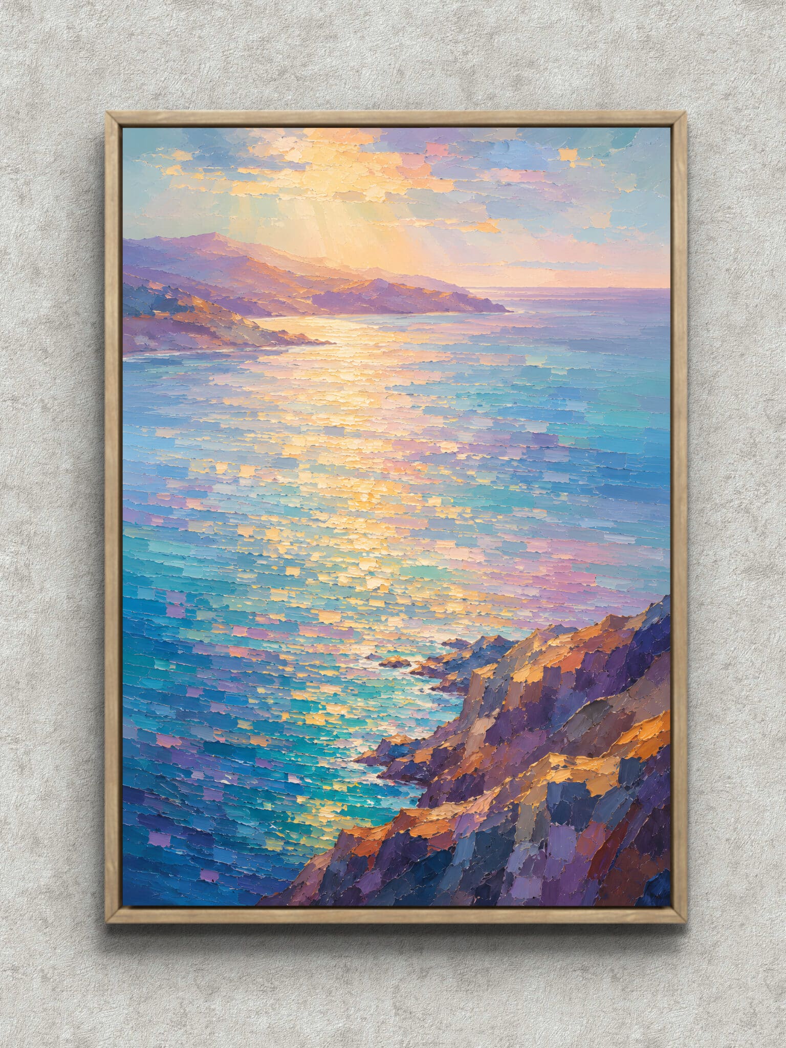 golden-sea-cliff-interior-art-main-1-ma-10958.jpg 金色の光が海へ落ちる崖の風景アートパネル 光岬の海 フレーム設置イメージ