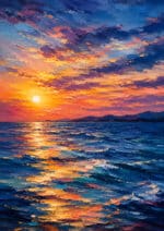 夕日が海面に金色の光を落とす群青の風景アートパネル