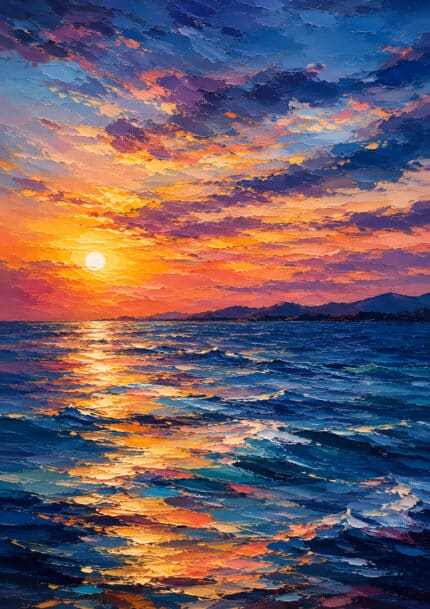 夕日が海面に金色の光を落とす群青の風景アートパネル