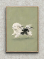 淡いグリーンの余白に白黒の小型犬を描いたグリーン 絵画のアートパネル フレーム設置イメージ