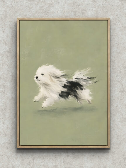 淡いグリーンの余白に白黒の小型犬を描いたグリーン 絵画のアートパネル フレーム設置イメージ