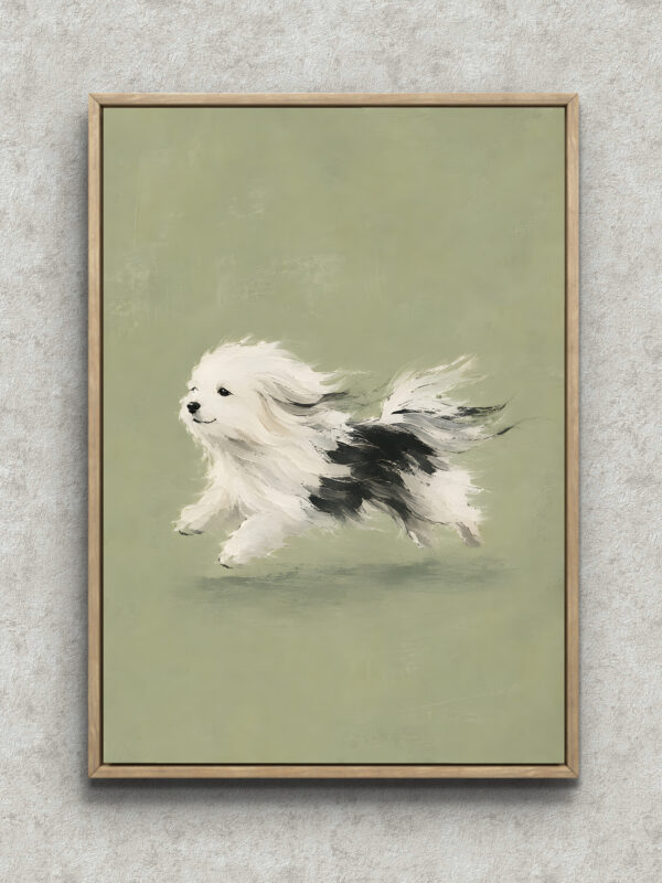 グリーン 絵画｜白黒の仔犬が映えるやわらかな一枚