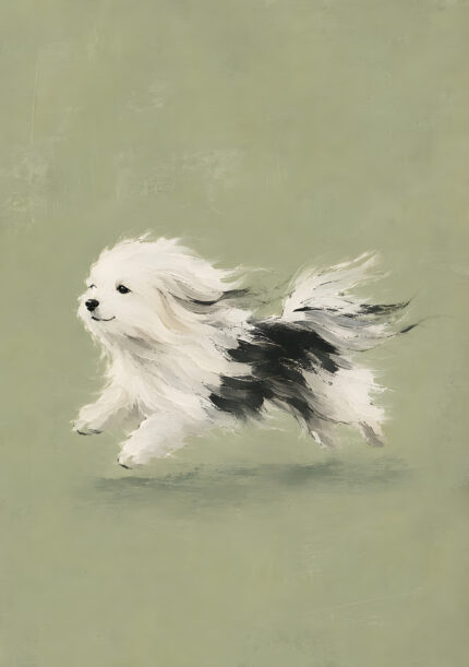 淡いグリーンの余白に白黒の小型犬を描いたグリーン 絵画のアートパネル