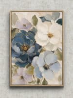 白い大きな花びらと金の花芯が重なる藍色のフラワーアートパネル フレーム設置イメージ