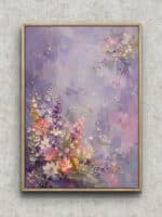 淡いラベンダー背景に花束が斜めに広がるフラワーアートパネル フレーム設置イメージ
