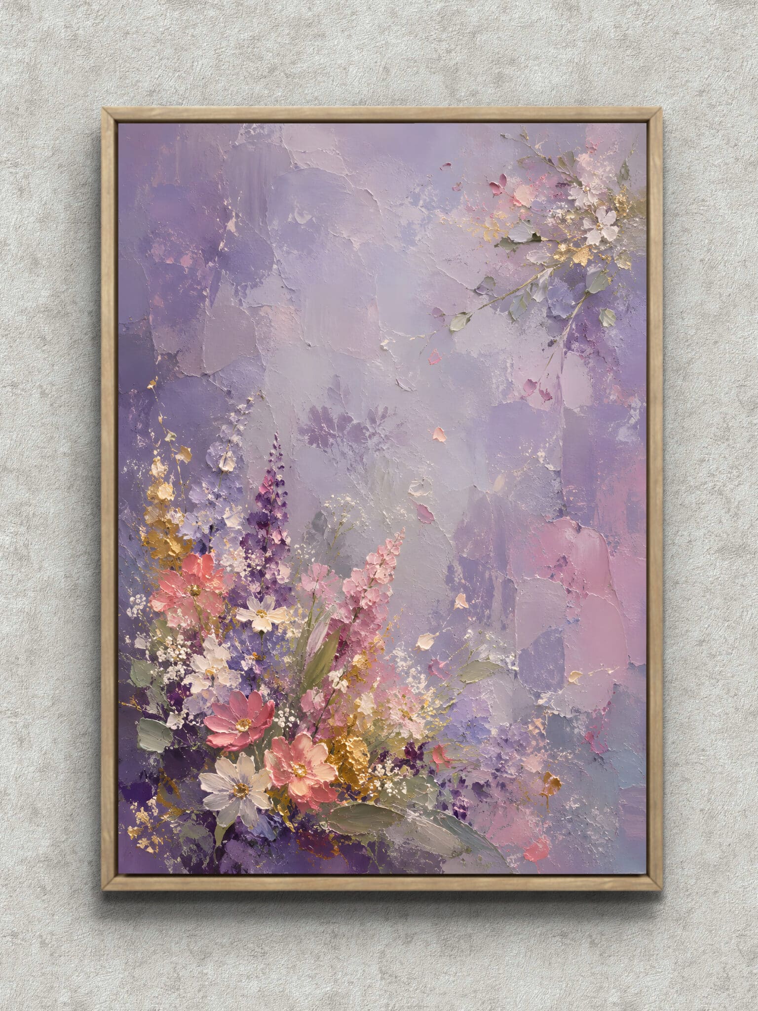lavender-bouquet-flower-art-panel-main-1-ma-10978.jpg 淡いラベンダー背景に花束が斜めに広がるフラワーアートパネル フレーム設置イメージ