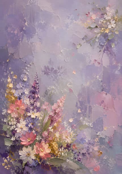 淡いラベンダー背景に花束が斜めに広がるフラワーアートパネル
