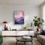 リビングに飾ったラベンダー雪山モチーフの絵画 インテリアのアートパネル 設置イメージ 5
