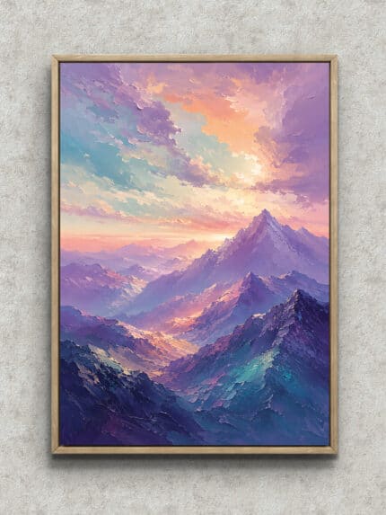 ラベンダー色の雪山と淡い夕空を描いた風景の絵画 インテリアのアートパネル フレーム設置イメージ