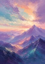 ラベンダー色の雪山と淡い夕空を描いた風景の絵画 インテリアのアートパネル