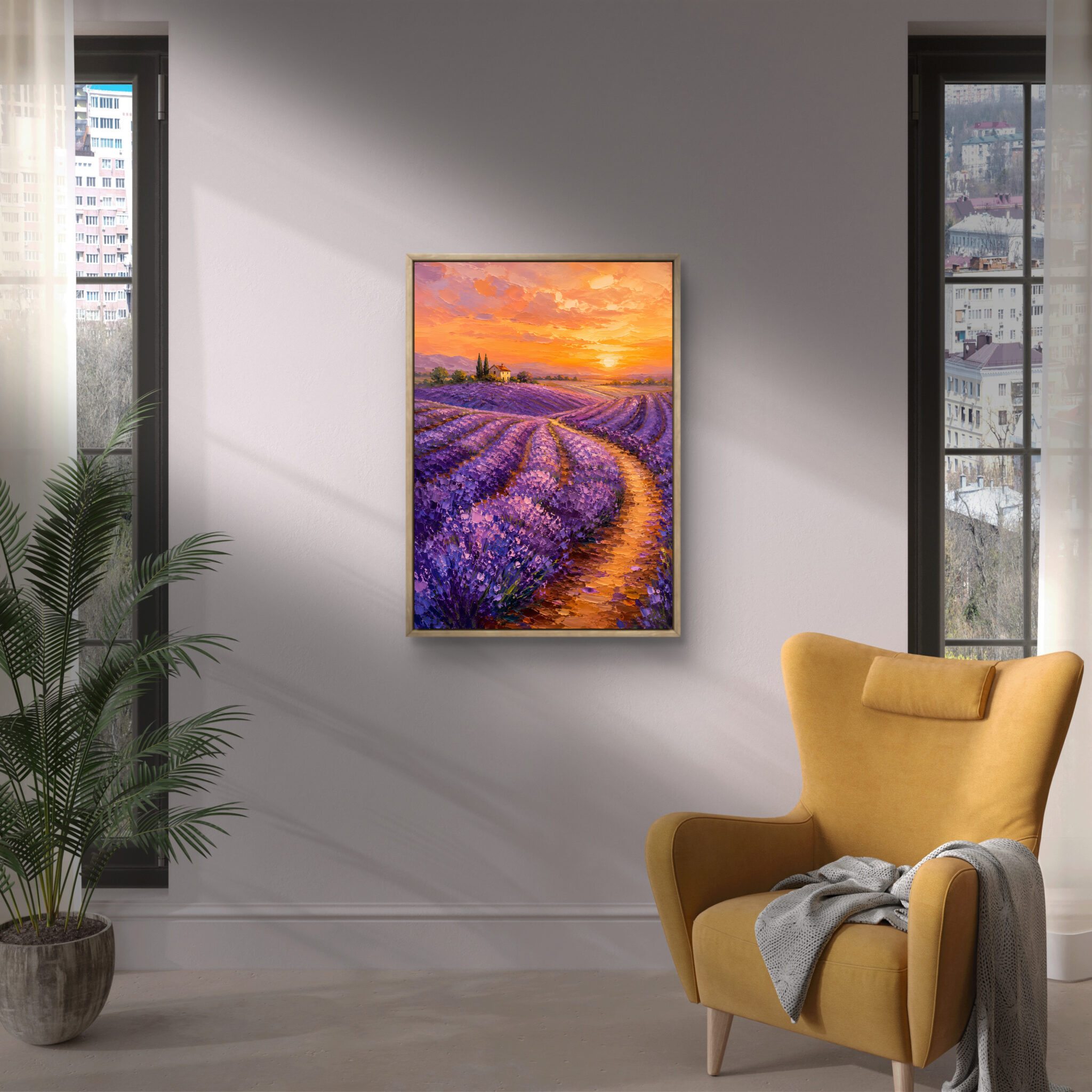 ART779　「宇宙空間(ラベンダー)」　チェコの銅版画　インテリアアート 絵画 インテリア｜ラベンダー畑と夕焼けの風景アート