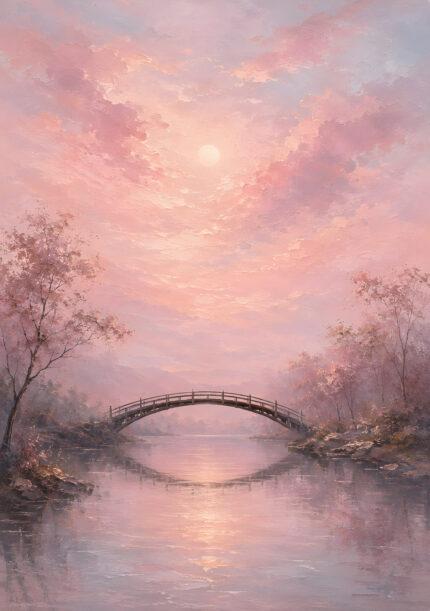 霞の橋 淡いピンクのアーチ橋と水辺を描いた風景アートパネル