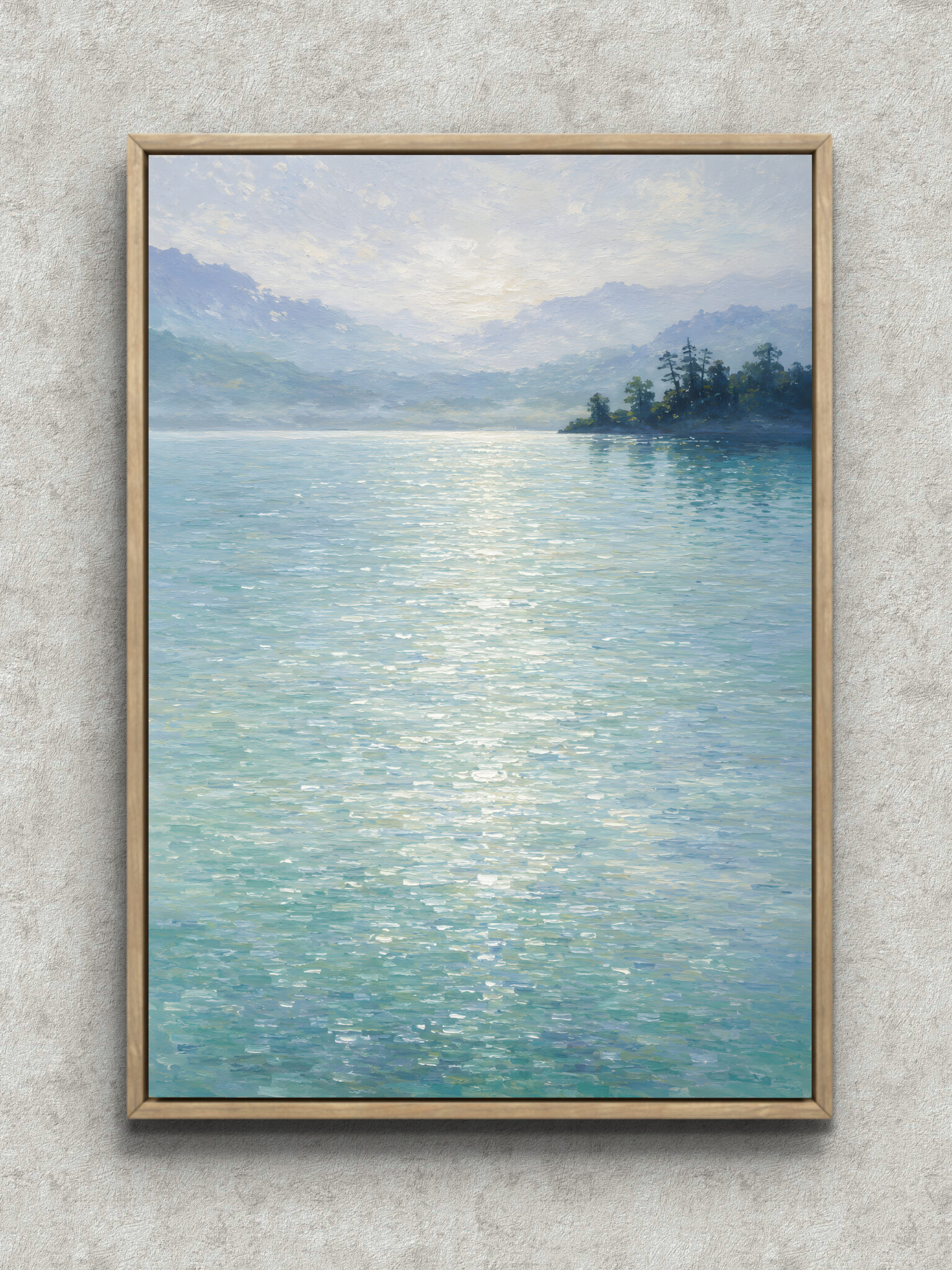 misty-lake-light-abstract-interior-art-main-1-ma-10889.jpg 淡い湖面の反射光と霧の山並みを描いた縦構図の風景アートパネル フレーム設置イメージ
