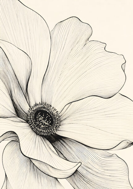 大輪の花を繊細な線で描いたアイボリー基調のモノトーンフラワーアートパネル