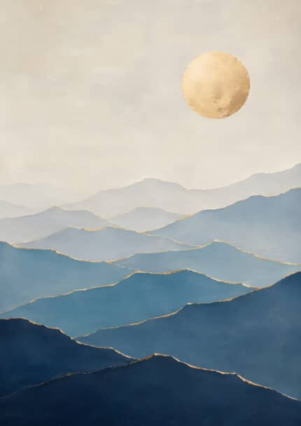 満月と青い山並みを描いた和モダンの抽象 インテリアアート