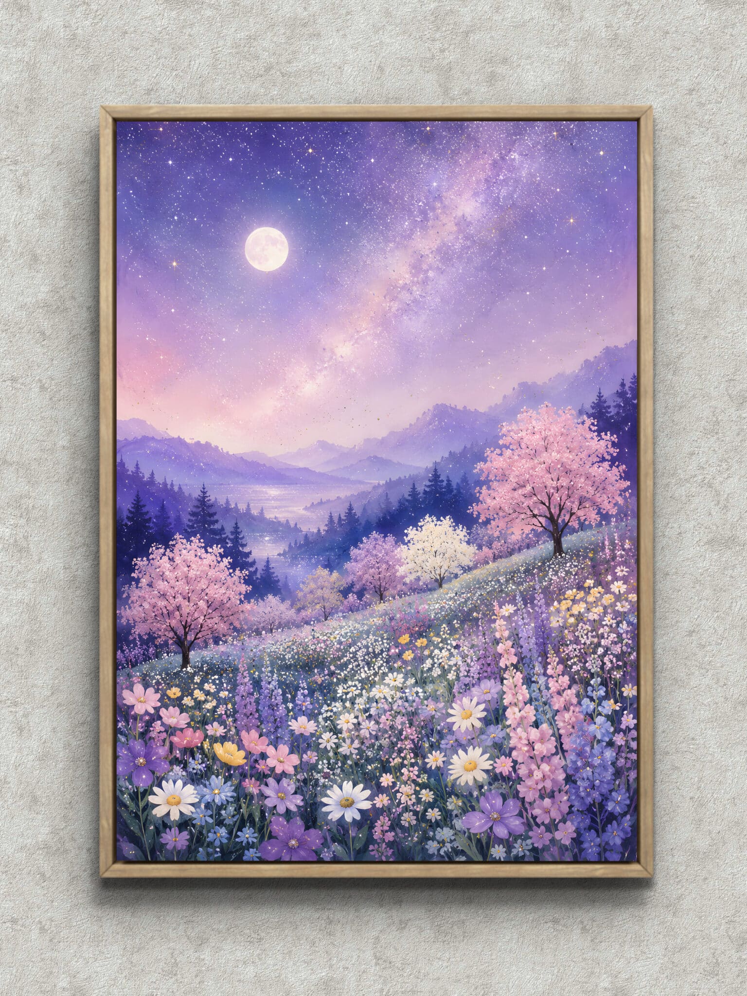 moonflower-field-abstract-interior-art-main-1-ma-10972.jpg 満月と天の川、桜や野花が広がる縦構図の風景アートパネル フレーム設置イメージ