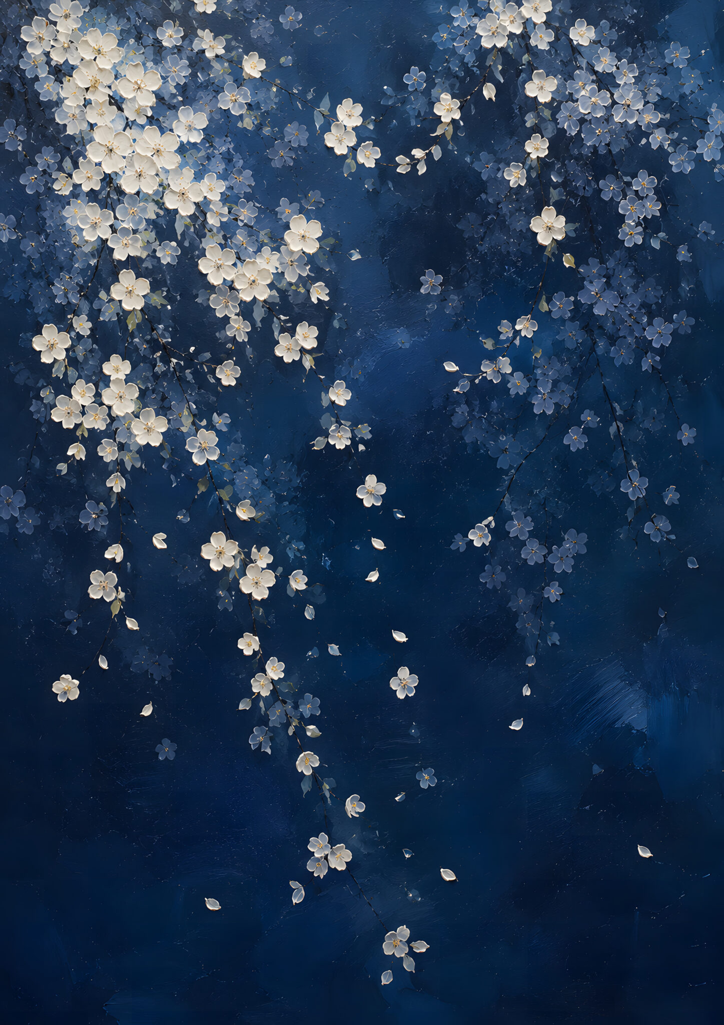 抽象 インテリアアート｜濃紺に白い桜が流れる一枚