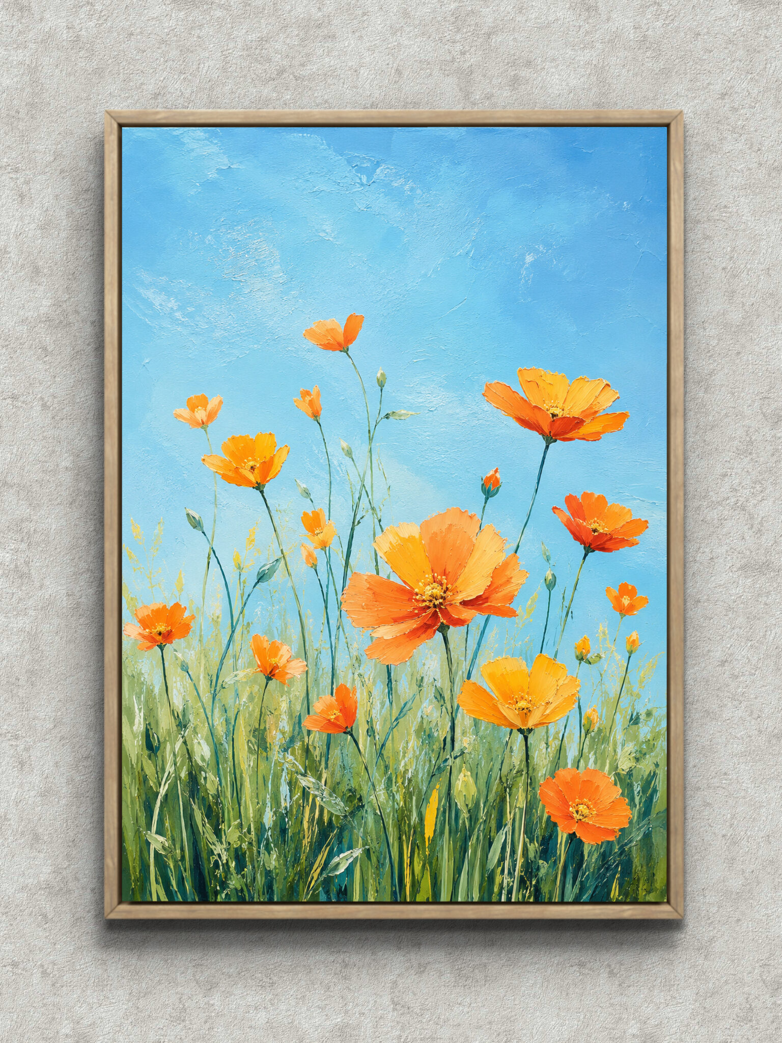 orange-flower-sky-interior-art-main-1-ma-10903.jpg 空色の余白にオレンジの花がのびやかに広がる縦構図のフラワーアートパネル フレーム設置イメージ