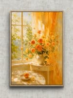 オレンジの花束と白い花瓶を窓辺に描いたやさしいフラワーアートパネル フレーム設置イメージ
