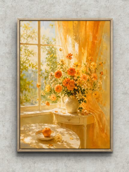 オレンジの花束と白い花瓶を窓辺に描いたやさしいフラワーアートパネル フレーム設置イメージ