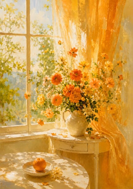 オレンジの花束と白い花瓶を窓辺に描いたやさしいフラワーアートパネル