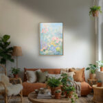 リビングに飾った淡い水色の花モチーフアートの設置イメージのアートパネル 設置イメージ 8