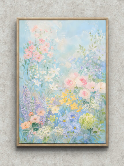 淡い水色の背景に桜色や白、黄の花が広がる縦構図のフラワーアートパネル フレーム設置イメージ