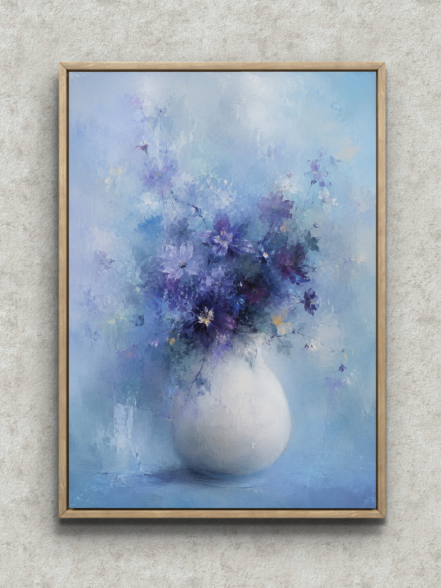 pale-blue-purple-flower-vase-art-main-1-ma-10901.jpg 淡い青の背景に紫の花束と花瓶を描いたフラワーアートパネル フレーム設置イメージ