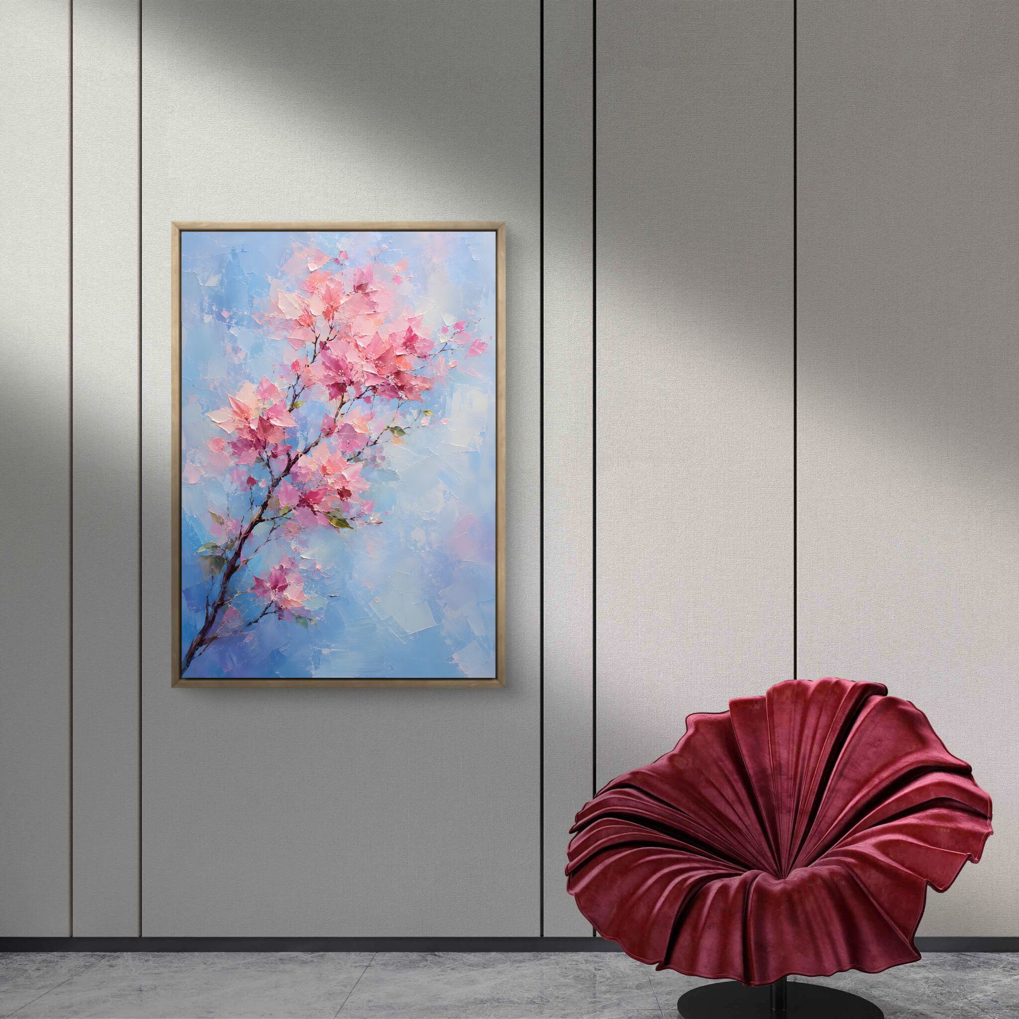 抽象 インテリアアート｜淡い青に桜色の枝が映える一枚