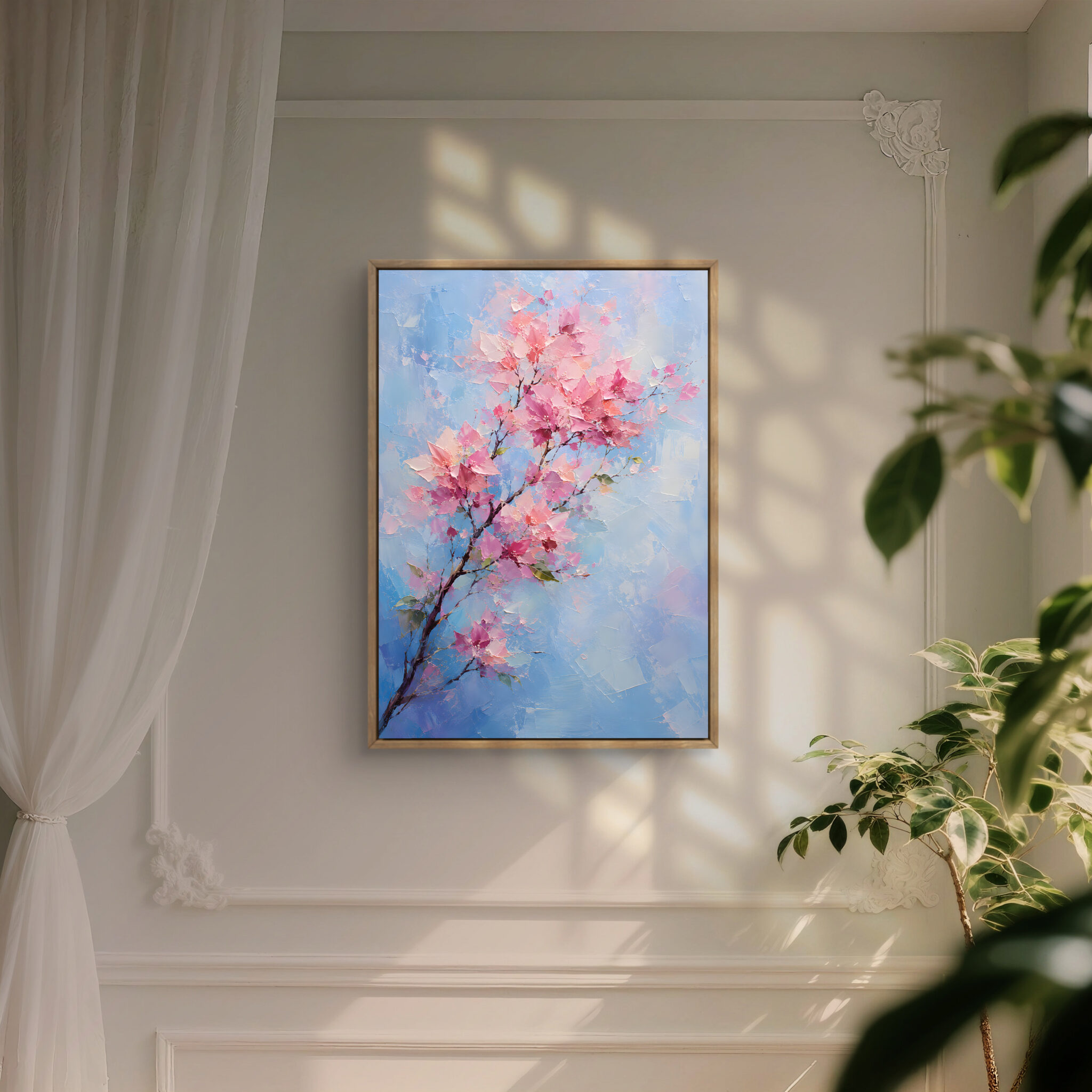 抽象 インテリアアート｜淡い青に桜色の枝が映える一枚
