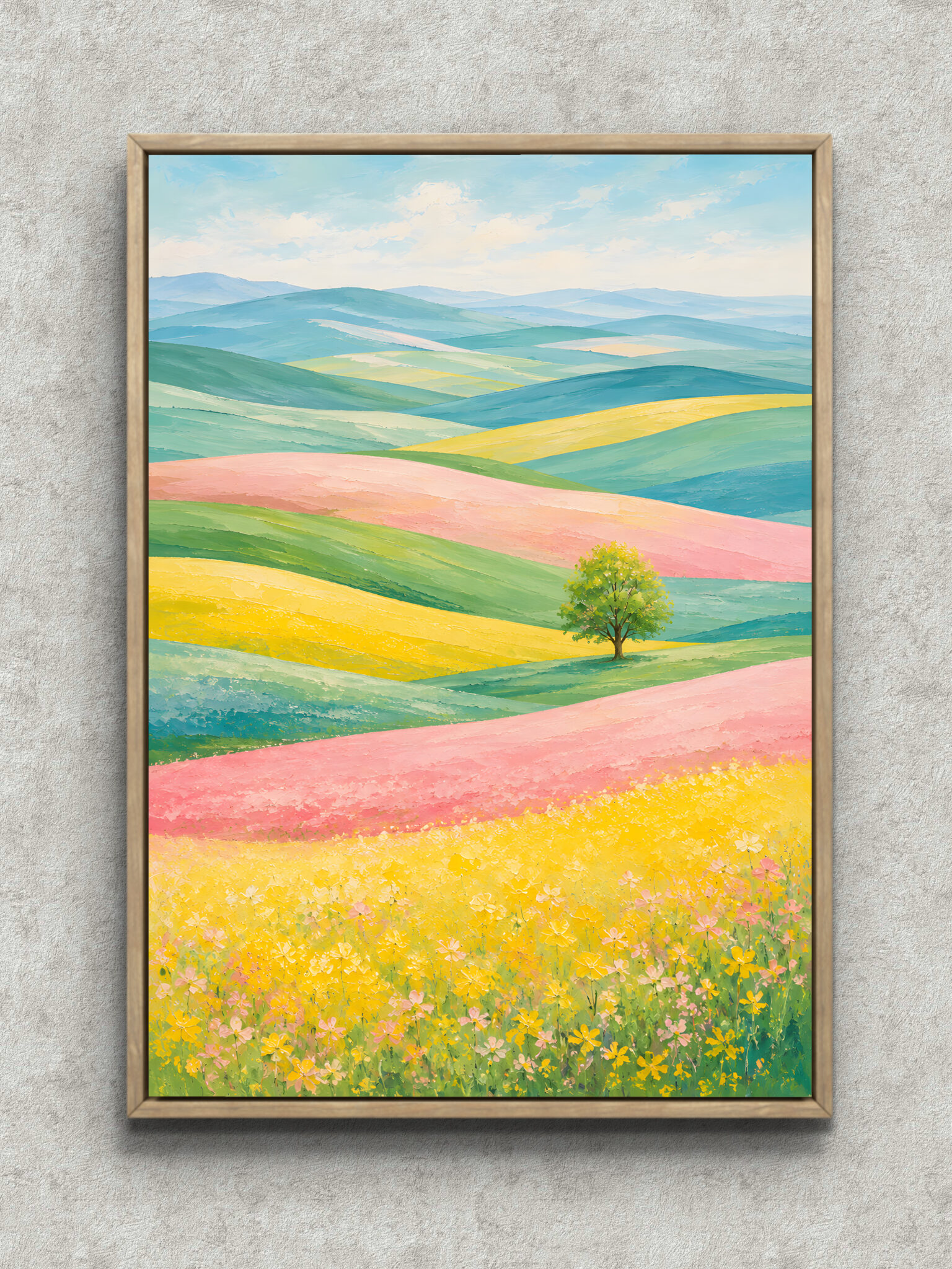 pastel-hill-sky-wall-art-main-1-ma-10883.jpg 淡い丘と花畑に一本の木を描いた空 壁掛けアートのアートパネル フレーム設置イメージ
