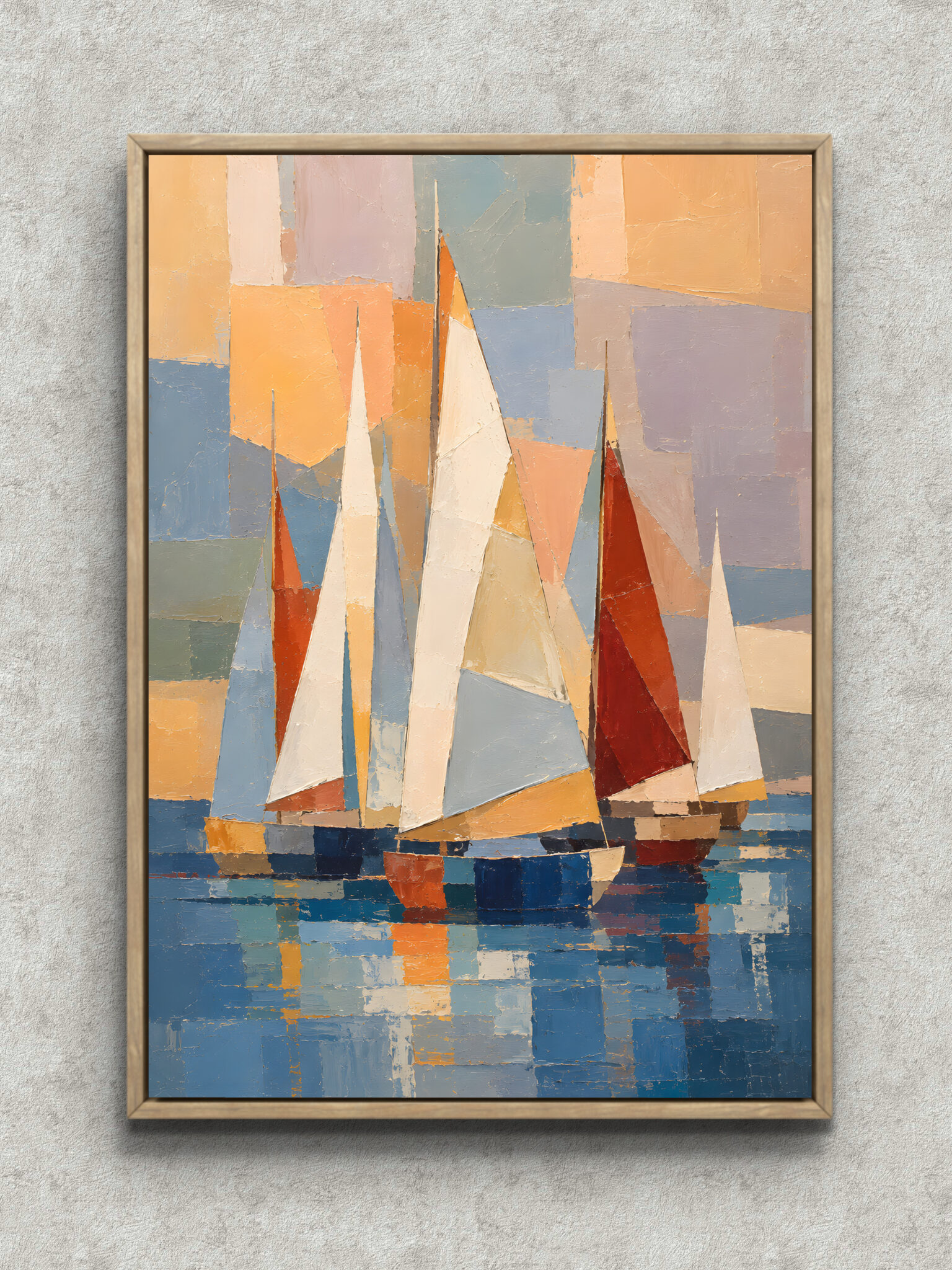 pastel-sail-harbor-abstract-interior-art-main-1-ma-10911.jpg 淡い空色と生成りの帆が重なる抽象風景アートパネル「彩帆の海」 フレーム設置イメージ