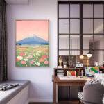 リビングに飾った淡いピンクの富士山モチーフの北欧 絵画のアートパネル 設置イメージ 6