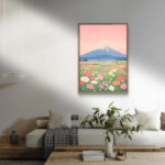 リビングに飾った淡いピンクの富士山モチーフの北欧 絵画のアートパネル 設置イメージ 7