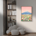 リビングに飾った淡いピンクの富士山モチーフの北欧 絵画のアートパネル 設置イメージ 10