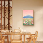 リビングに飾った淡いピンクの富士山モチーフの北欧 絵画のアートパネル 設置イメージ 3