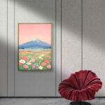 リビングに飾った淡いピンクの富士山モチーフの北欧 絵画のアートパネル 設置イメージ 4