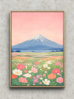 淡いピンクの空と富士山、花畑を描いた北欧 絵画のアートパネル フレーム設置イメージ