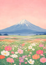 淡いピンクの空と富士山、花畑を描いた北欧 絵画のアートパネル