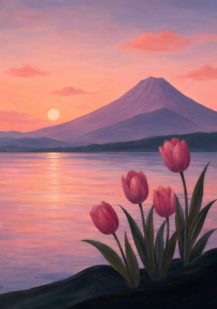 夕日を背にした山と湖、手前のチューリップを描いたピンクの風景 アートパネル