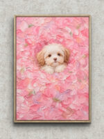 花びらに包まれた子犬を描いたピンクのフラワー インテリアアート フレーム設置イメージ