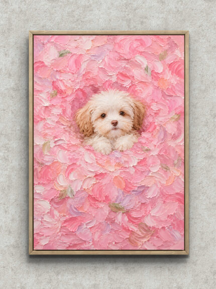 花びらに包まれた子犬を描いたピンクのフラワー インテリアアート フレーム設置イメージ