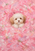 花びらに包まれた子犬を描いたピンクのフラワー インテリアアート