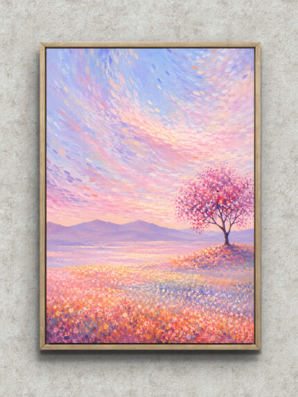 一本の桜の木と花畑、山並みを淡いピンクで描いた風景アートパネル フレーム設置イメージ