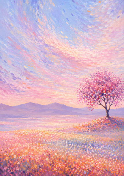 一本の桜の木と花畑、山並みを淡いピンクで描いた風景アートパネル