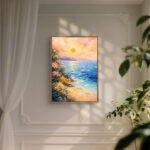 リビングの壁に飾った淡い桃色の海モチーフのピンク 絵画のアートパネル 設置イメージ 1
